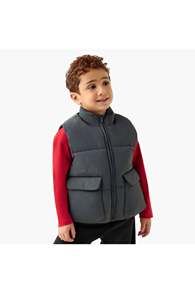 Juniors Solid Sleeveless Padded Jacket with Pockets and Zip Closure