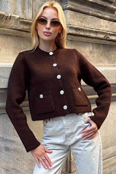 Trend Alaçatı Stili Women's Brown Crew Neck Double Pocket Buttoned Knitwear C...