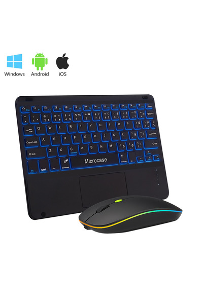 Microcase Tablet ve Telefonlar için RGB Işık Şarjlı Touchpadli TR Bluetooth Klavye Mouse 24 cm Siyah- AL5399