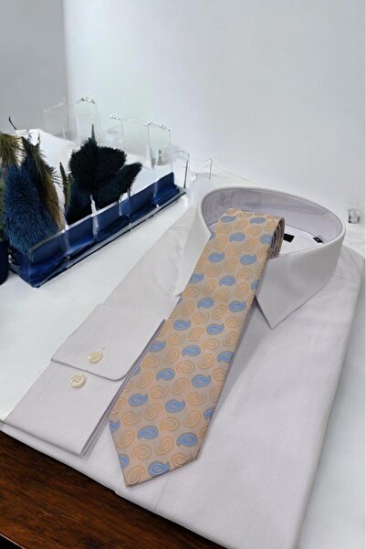 Sarar Cravată din microfibră cu model șal de 7 cm, bej-albastru KR-55