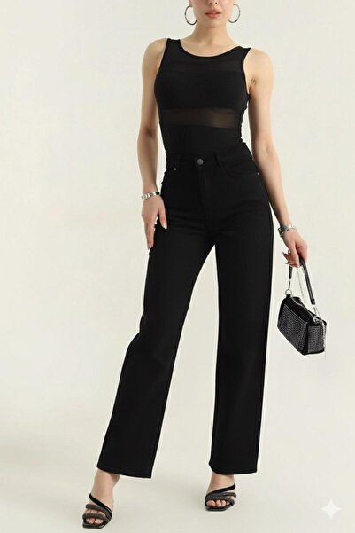 BİENAL BUTİK Leew Ψηλόμεσο Μαύρο Φαρδύ Τζιν Ελαστικό Παντελόνι Palazzo