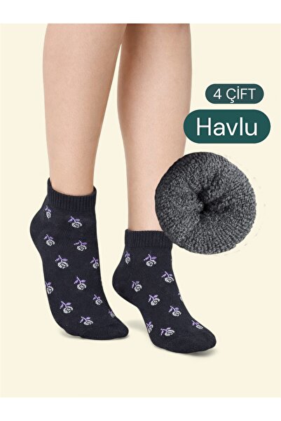 myDea Women's Towel Booties Socks 4 Pairs Floral Pattern Thermal Socks