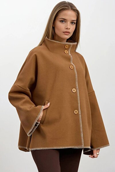 Trend Alaçatı Stili Дамско камел палто с копчета, широки ръкави, контрастни ш...