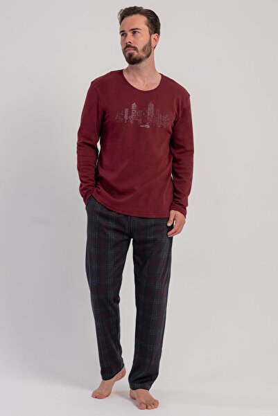 VİENETTA Men's Interlock Long Sleeve Crew Neck Plaid Bottom Burgundy Pajama Set C1T1N1305