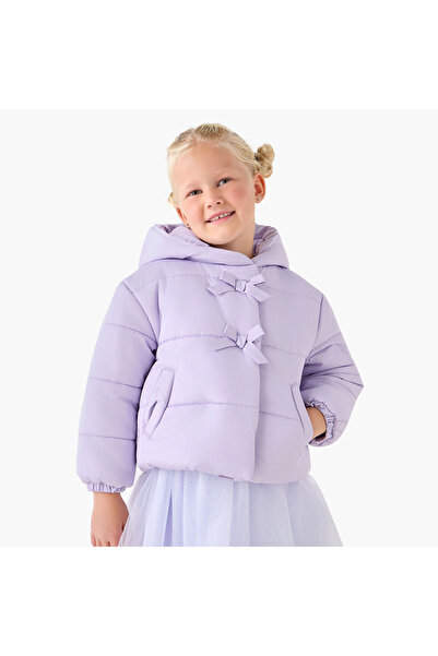 Juniors Bow Accent Hooded Heavy Jacket with Long Sleeves