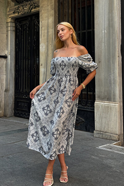 Trend Alaçatı Stili Women's Ecru Square Collar Gipeli Patterned Midi Length D...