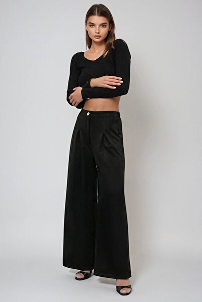 Trend Alaçatı Stili Women's Black Buttoned Pleated Palazzo Pants Vs01526