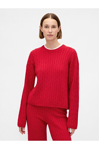 GAP Kadın Kırmızı CashSoft Cable-Knit Bisiklet Yaka Kazak