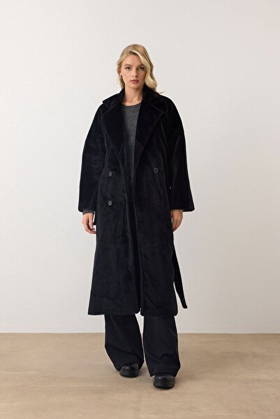 Trend Alaçatı Stili Women's Black Double Button Soft Textured Cashmere Coat V...