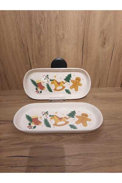 Keramika New Year Boat Plate 2 Pieces 26 cm Koki̇na/Santa Claus/New Year/Pine Tree