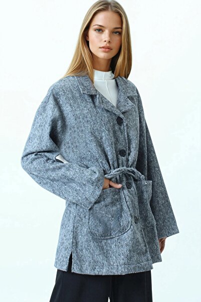 Trend Alaçatı Stili Cardigan gri pentru femei, cu buzunar la guler, cu șnur, ...