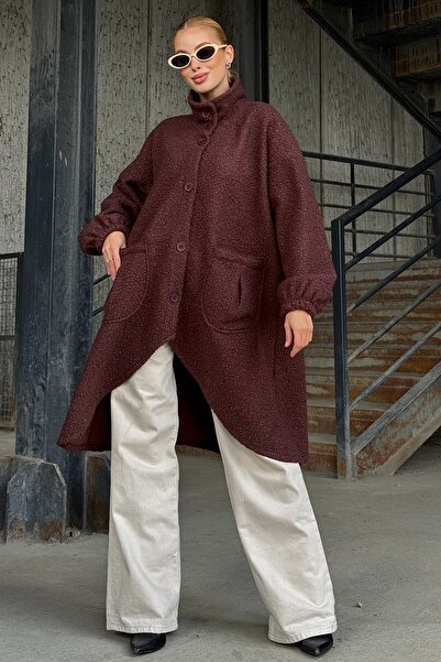 Trend Alaçatı Stili Women's Burgundy Double Pocket Asymmetrical Cut Button Cl...