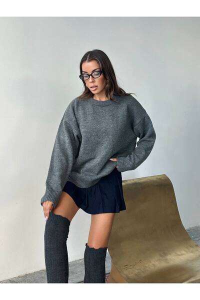 Classy Antrasit Bisiklet Yaka Oversize Triko Kazak Pinterest Model