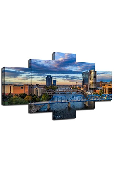 ALAYRA International لوحة فنية جدارية من قماش الكانفاس، برج ألايرا في غراند رابيدز عند غروب الشمس، ديكور جداري لأفق ميشيغان مع سحاب، نهر و