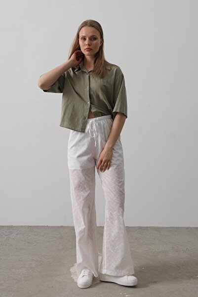Trend Alaçatı Stili Women's White Tie-Waist Brode Pants Vs00559