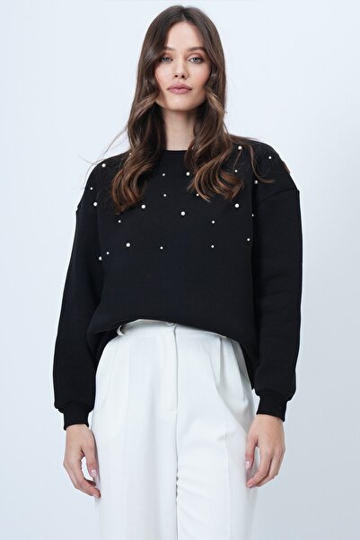 Trend Alaçatı Stili Kadın Siyah Bisiklet Yaka İnci Detaylı Oversize Sweatshir...