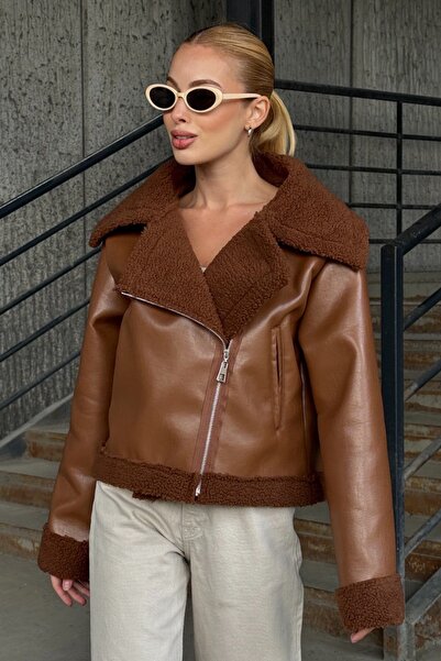 Trend Alaçatı Stili Women's Brown Double-Breasted Collar Zipper Closure Fur Lined Coat Vs01255