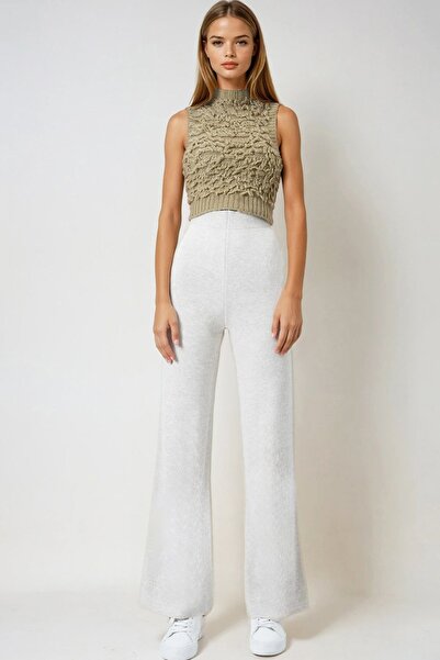 Trend Alaçatı Stili Kadın Ekru Yüksek Bel Beli Lastikli Triko Palazzo Pantolo...