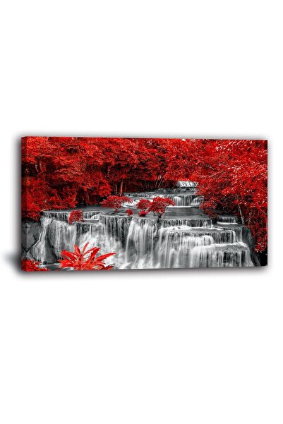 ALAYRA International لوحة جدارية كبيرة من القماش بتصميم شلال باللونين الأبيض والأسود من ALAYRA، مزينة بشجرة حمراء، مطبوعات مناظر طبيعية