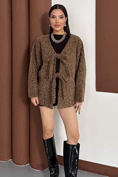 Trend Alaçatı Stili Women's Brown Tie Detailed Thick Knitwear Cardigan Vs01593