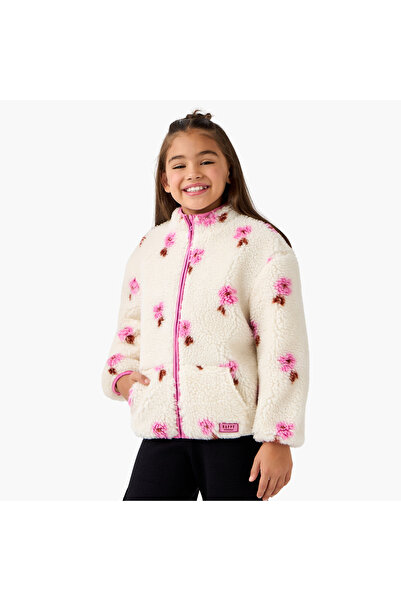 Juniors Floral Print Zip Through Jacket with Kangaroo Pocket