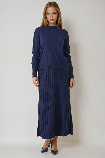 Trend Alaçatı Stili Women's Navy Blue Half Turtleneck Sweater and Midi Length...