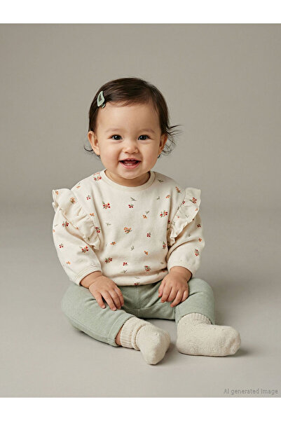 LC Waikiki Hanorac pentru fetiță cu textura moale, cu flori ecru, tricou și p...