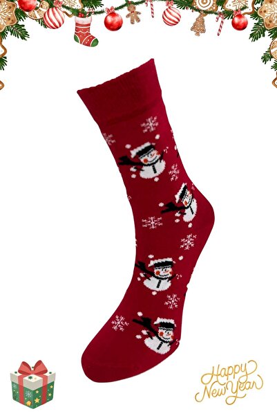 nisaNCa Christmas Themed Unisex Socks Burgundy Santa Claus, Snowman & Candy Cane Patterned |   36-42