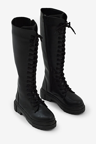 Tonny Black Women's Black Thick Poly Sole Lace-Up and Zippered Below-The-Knee Boots