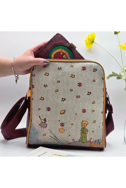 HOODİEMOUSE E. Little Prince Figured Large Postman Shoulder Bag Burgundy, E. Little Prince Small Wallet Burgundy Ethnic Bohemian