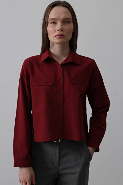 Trend Alaçatı Stili Kadın Kırmızı Cepli Uzun Kol Gömlek Vs00403