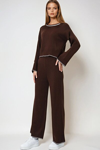 Trend Alaçatı Stili Women's Brown Ribbed Casual Sweater and Knitwear Pants Se...