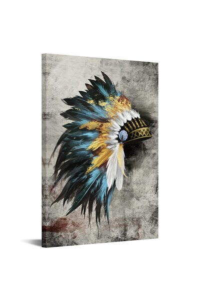 ALAYRA International لوحة جدارية من تصميم ألايرا، مستوحاة من فنون السكان الأصليين لأمريكا، لغرفة المعيشة، تصور غطاء رأس مزين بالريش على قماش.