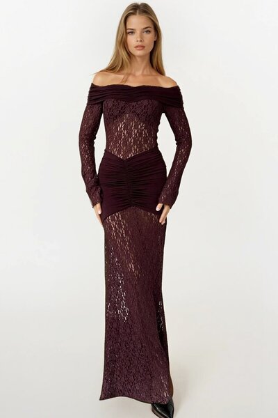 Trend Alaçatı Stili Γυναικείο φόρεμα μπορντό με δαντέλα με γιακά Madonna Vs01695