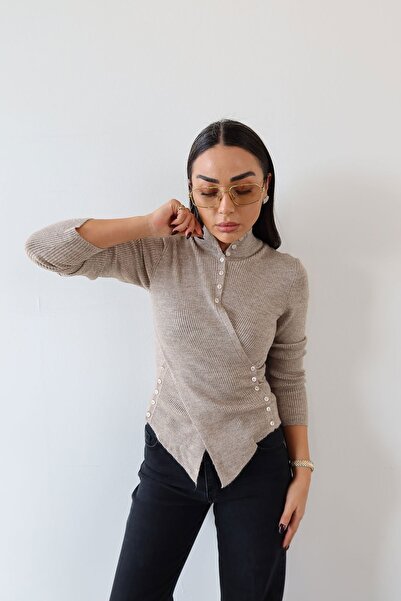 Özge Özgenç Asymmetric Cut Mock Neck Button Sweater