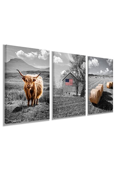 ALAYRA International لوحة جدارية على شكل بقرة هايلاند من ALAYRA، ديكور مطبخ ريفي، صور قماشية لغرفة المعيشة