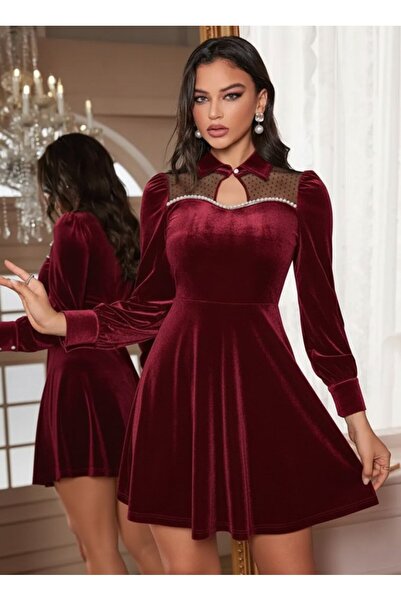 Zerenyus فستان نسائي قصير من المخمل بأكمام طويلة وياقة مزين بالترتر