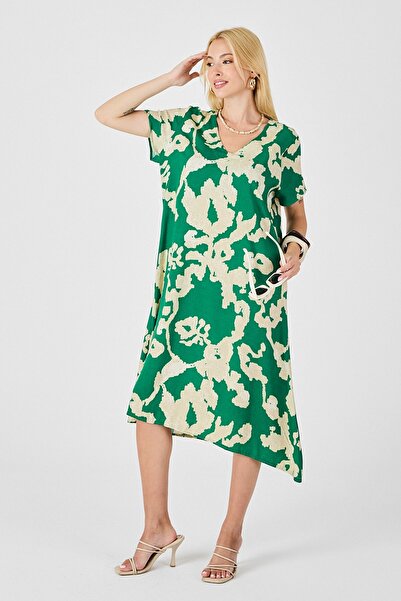 Trend Alaçatı Stili Women's Green Deep V-Neck Slit Patterned Midi Length Dress Vs00817