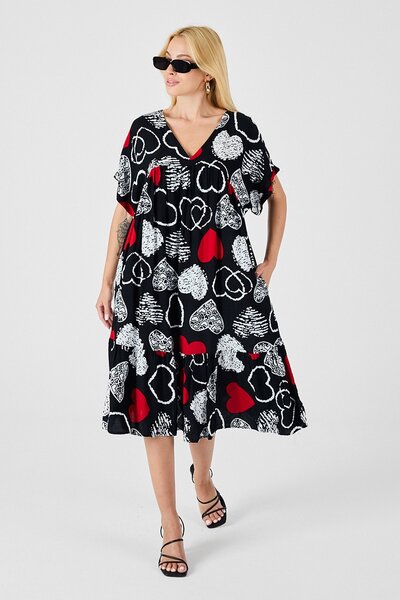 Trend Alaçatı Stili Women's Red-Black V-Neck Oversize Cut Patterned Double Pocket Flounce Dress Vs00835