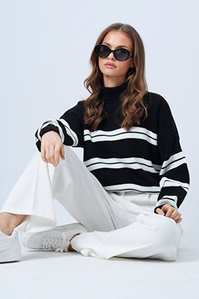 Trend Alaçatı Stili Women's Black Turtleneck Kalom Striped Long Sleeve Knitwe...