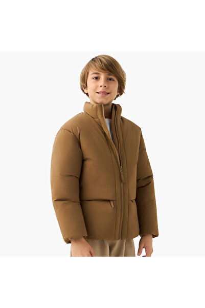 Juniors Solid Puffer Jacket with Zip Closure and Long Sleeves