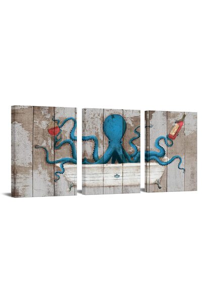 ALAYRA International ALAYRA - 3 Piece Canvas Wall Art Blue Octopus on Vintage...