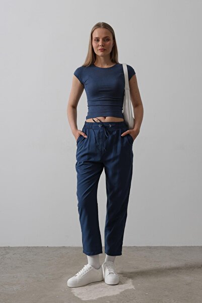 Trend Alaçatı Stili Pantaloni de damă indigo cu buzunar dublu, cu talie elast...