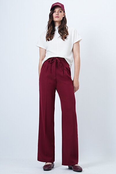 Trend Alaçatı Stili Women's Burgundy Double Pocket Lace-Up Button Closure Palazzo Pants Vs01517