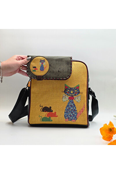 HOODİEMOUSE Large Postman Shoulder Bag with Mouse and Cat Figures Green, Wall...