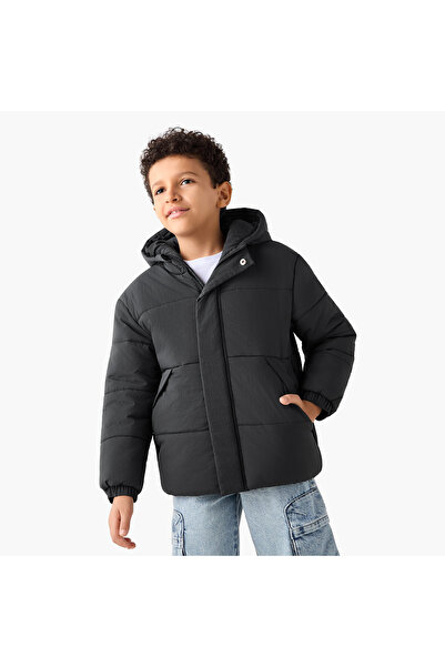 Juniors Solid Hooded Heavy Jacket with Long Sleeves and Pockets