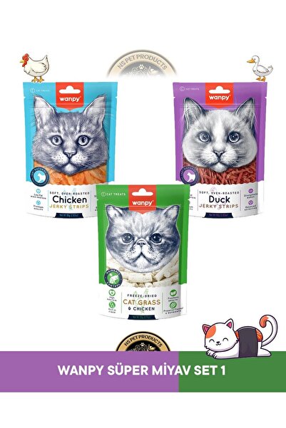 Wanpy Gerçek Tavuk - Ördek Fileto Jerky Strips Yumuşak 80 gr & Kedi Çimi ve T...