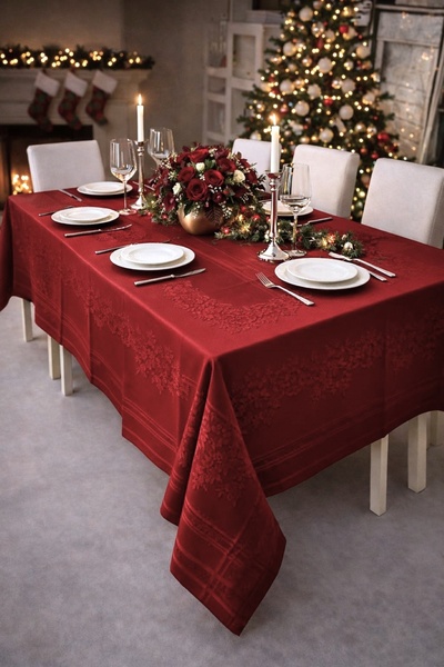 Zeria Home Kırmızı Dertsiz Leke Tutmaz Dantel Desenli Masa Örtüsü 160x220