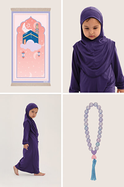 ALLNOORKİDS طقم صلاة / طقم عبادة - ثوب صلاة للفتيات، سجادة صلاة إسفنجية بنقشة...