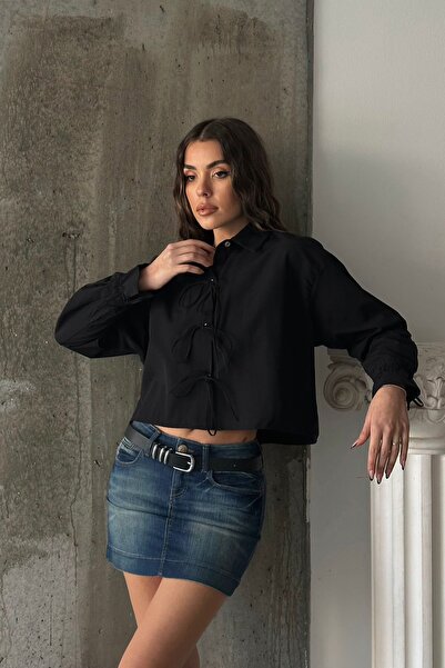 Trend Alaçatı Stili Women's Black Lace-Up Crop Woven Shirt Vs00657